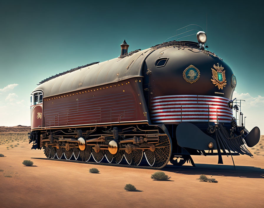 Vintage Streamlined Locomotive on Desert Tracks with Retro-Futuristic Charm