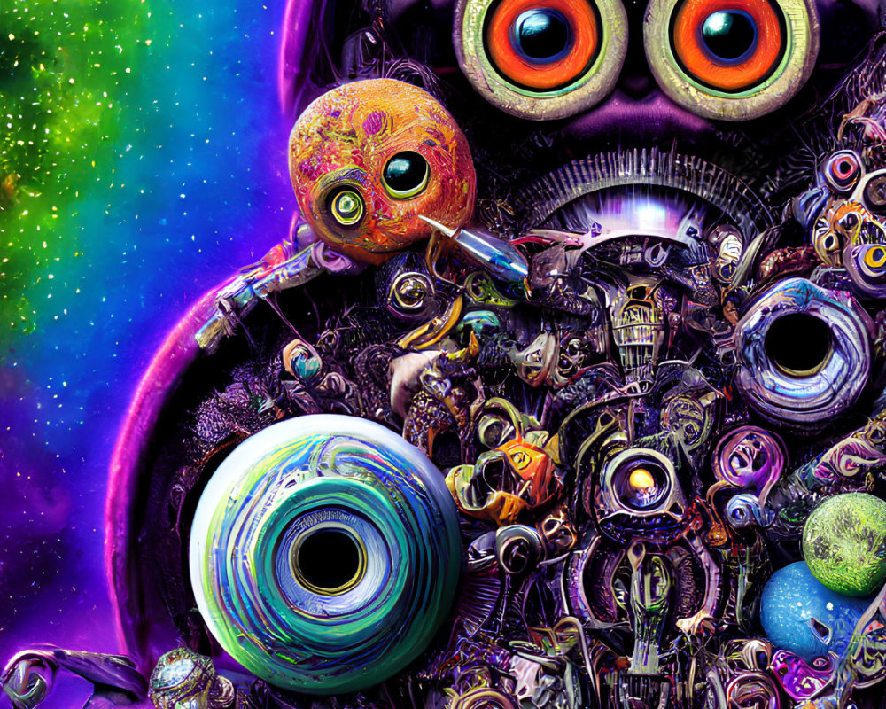 Colorful Psychedelic Artwork Featuring Owl-Like Figure in Cosmic Setting