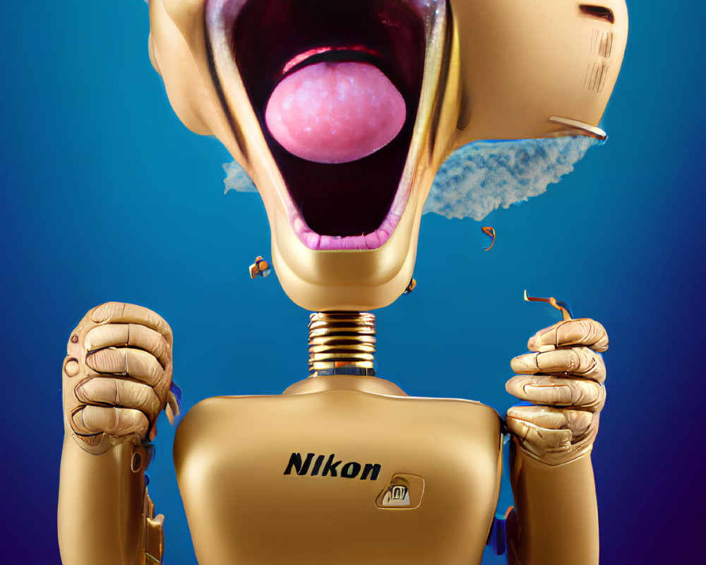 Golden robotic figure with Nikon logo wearing blue hat and exaggerated facial features on blue background.
