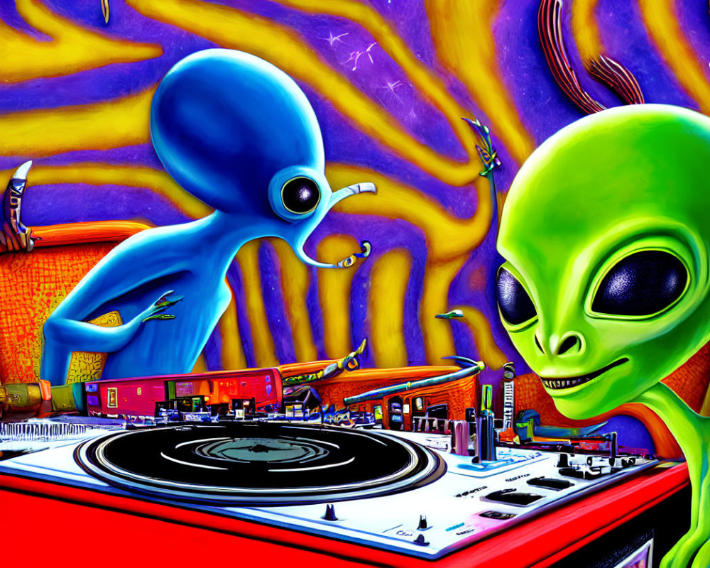 Colorful Alien DJs Mixing Music in Cosmic Setting
