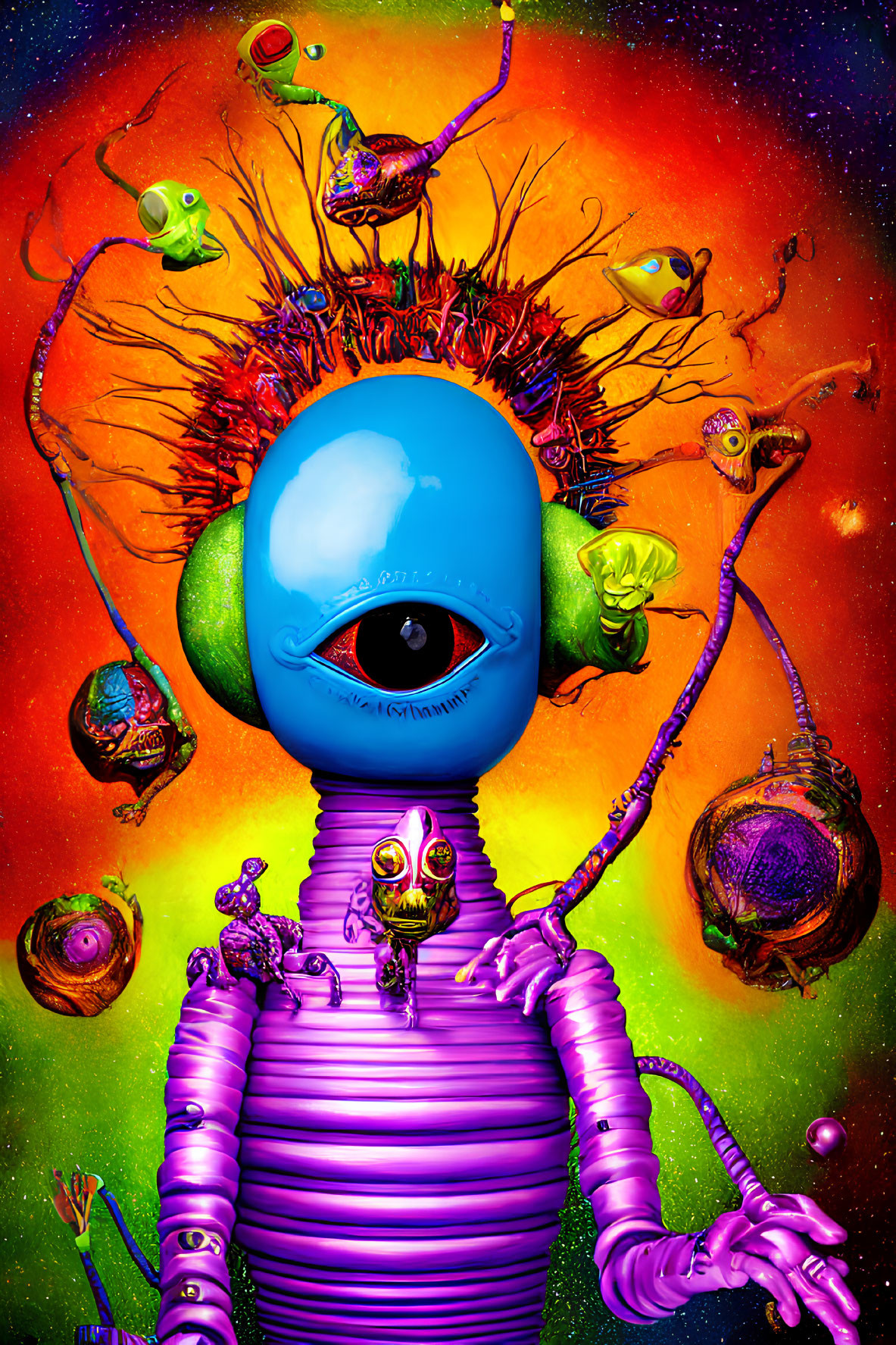 Colorful Psychedelic Illustration of Humanoid Figure with Large Eye and Alien Creatures
