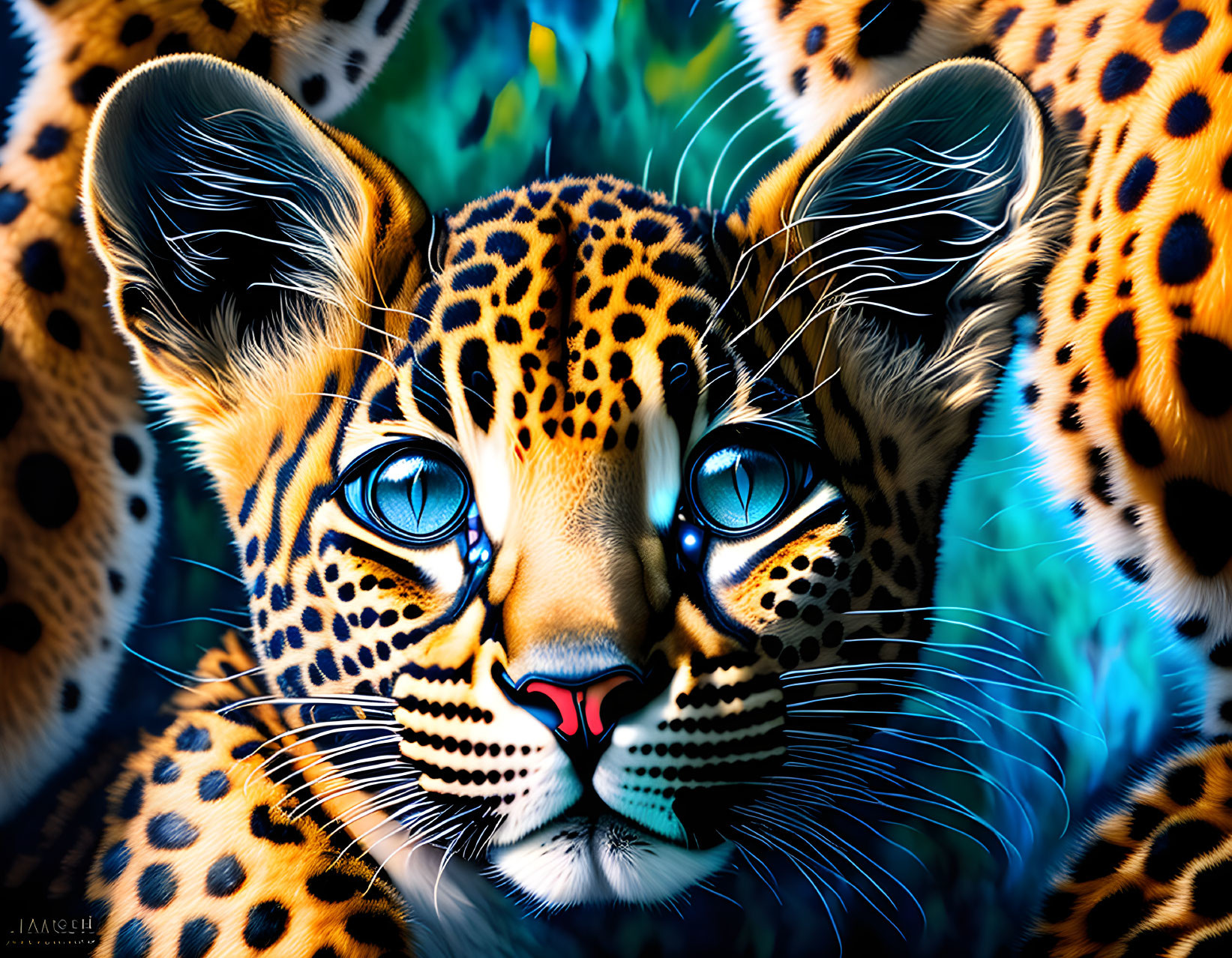 Digitally Enhanced Jaguar Image with Vivid Blue Eyes and Rosette Patterns