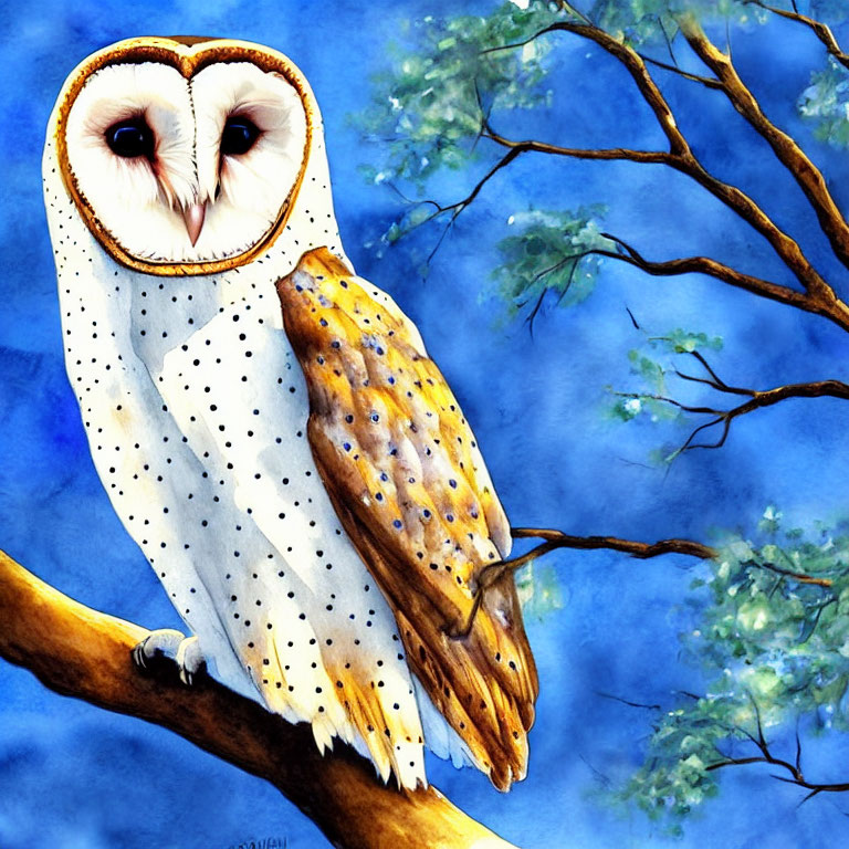 Colorful Barn Owl Perched on Tree Branch in Nature Setting