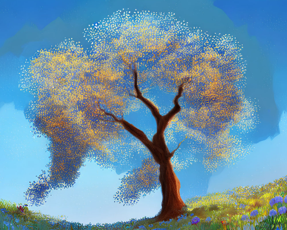 Colorful tree illustration with swirling yellow leaves in a bright blue sky, wildflowers on green hill