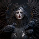 Gothic figure with dark angel wings and crown of roses in moody setting