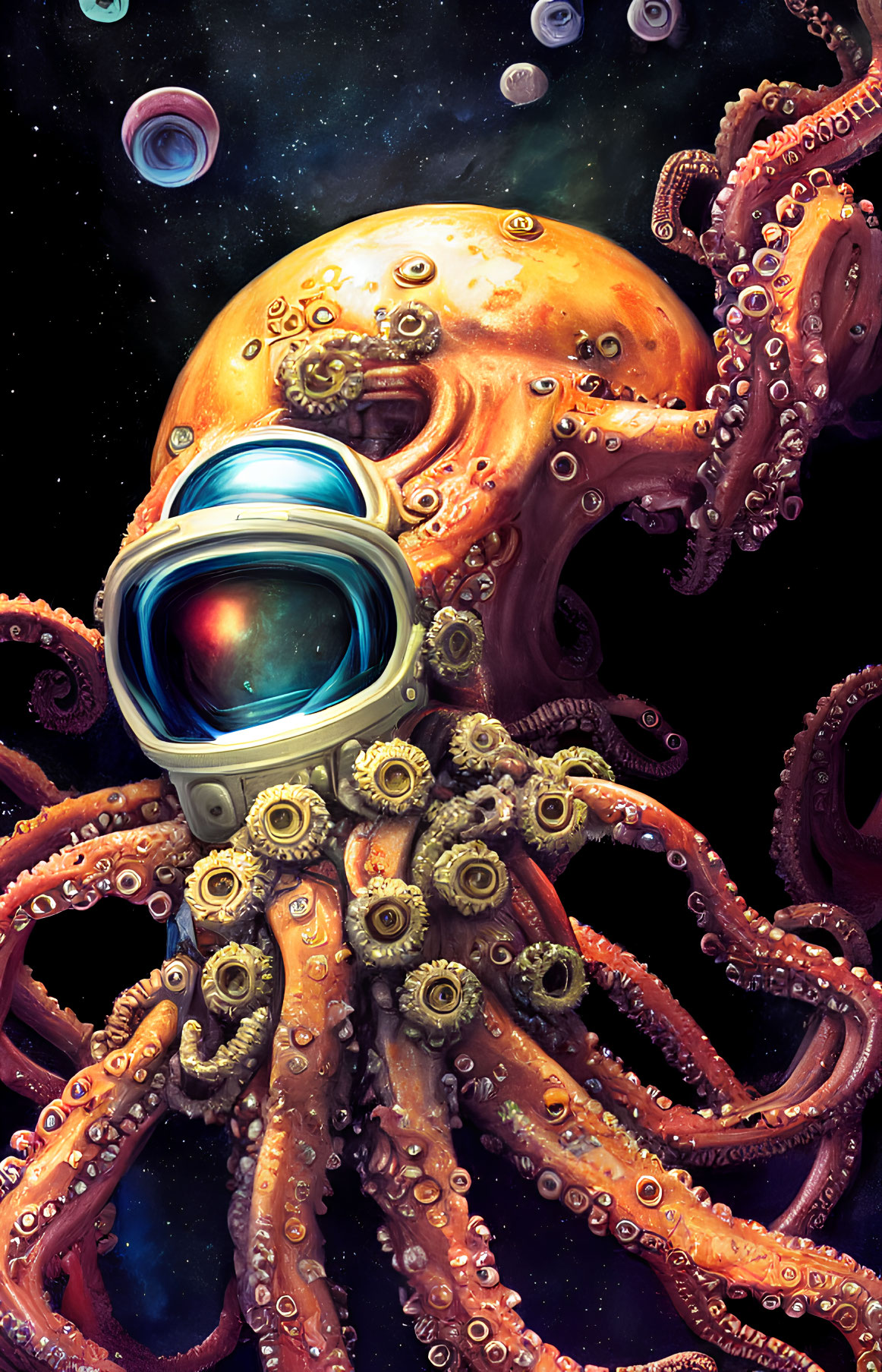 Octopus in astronaut helmet with tentacles and planets in space