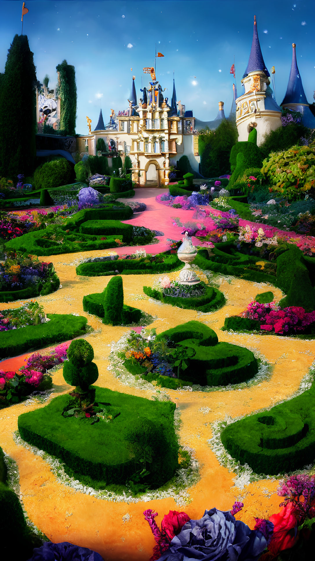 Colorful fairytale castle with manicured gardens and pink pathway