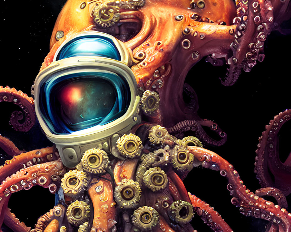 Octopus in astronaut helmet with tentacles and planets in space