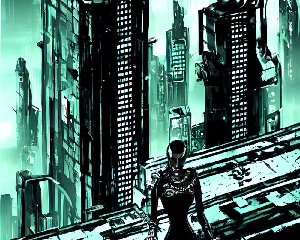 Monochrome cyberpunk cityscape with robotic figure overlooking skyline