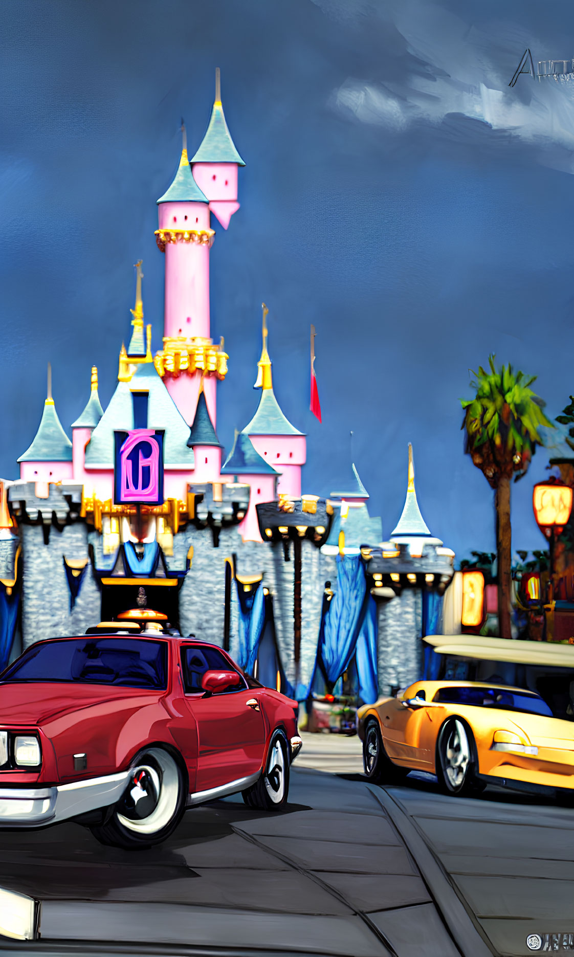 Illustration of red and yellow sports cars with fantasy castle on street