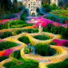 Colorful fairytale castle with manicured gardens and pink pathway