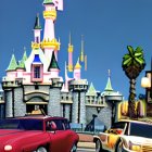 Illustration of red and yellow sports cars with fantasy castle on street