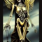 Golden skeletal figure with wings and mask on grey background