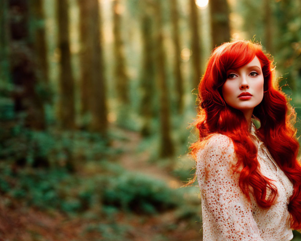 Red-haired woman in white blouse stands in sunlit forest