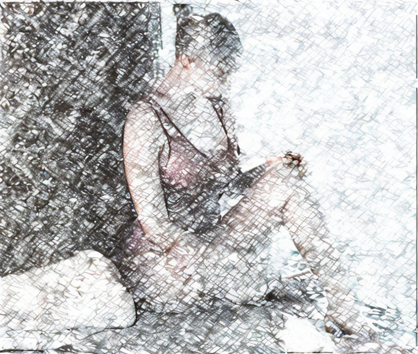 Person sitting near rock with textured mosaic effect.