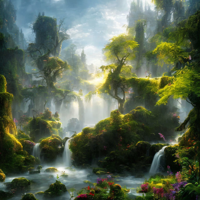 Mystical forest with lush greenery, waterfalls, sunlight beams & vibrant flowers