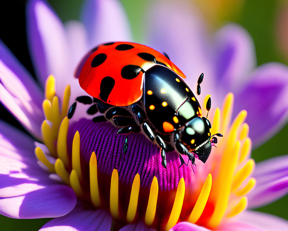 Colorful Ladybug Crawling on Purple Flower Stamen