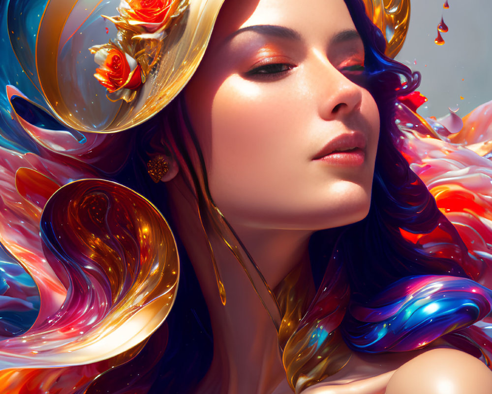 Digital artwork featuring woman with golden headdress and abstract shapes