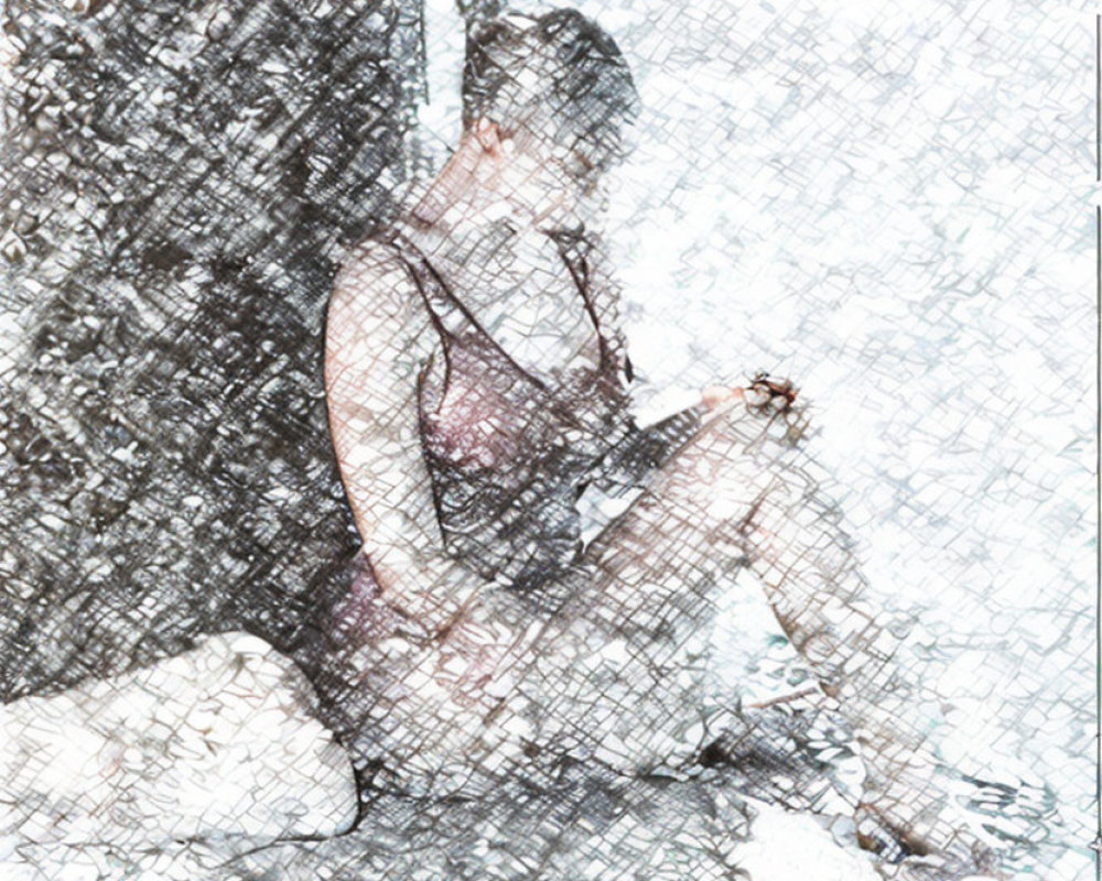 Person sitting near rock with textured mosaic effect.