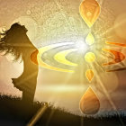Silhouette of woman dancing with glowing symbol in misty backdrop