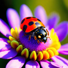Colorful Ladybug Crawling on Purple Flower Stamen