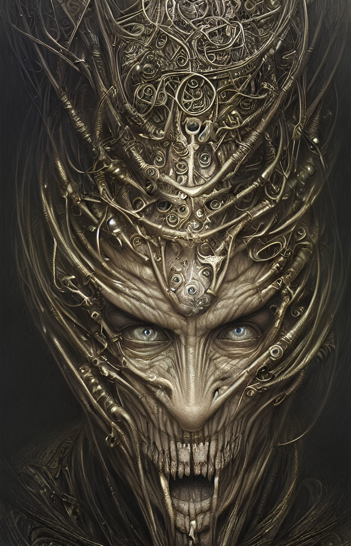 Detailed humanoid creature with regal golden headpiece and blue eyes