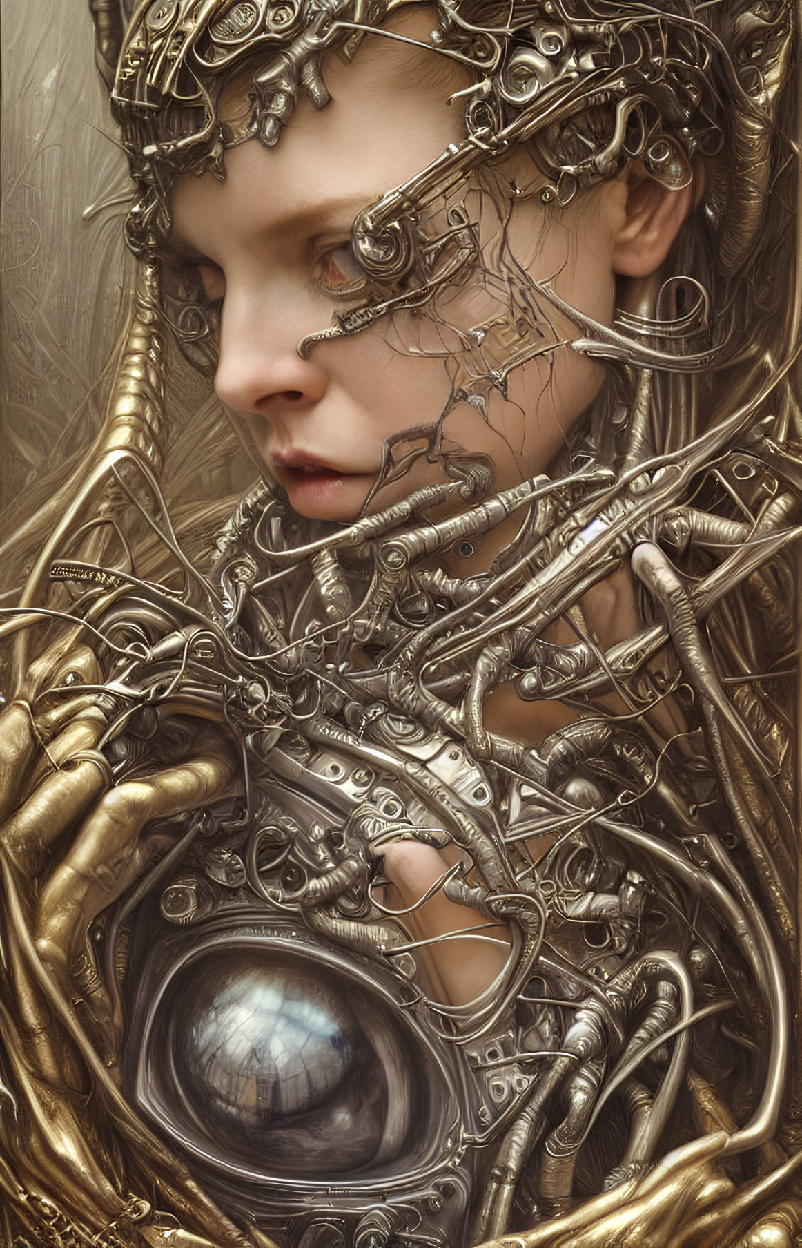 Fantasy portrait with metallic gear and wire adornments.