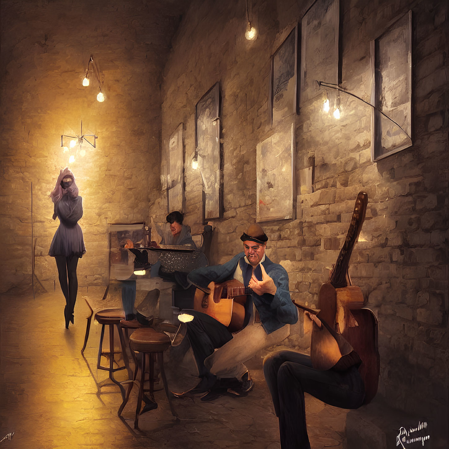 Cozy café ambiance with guitarist, writer, and drinker