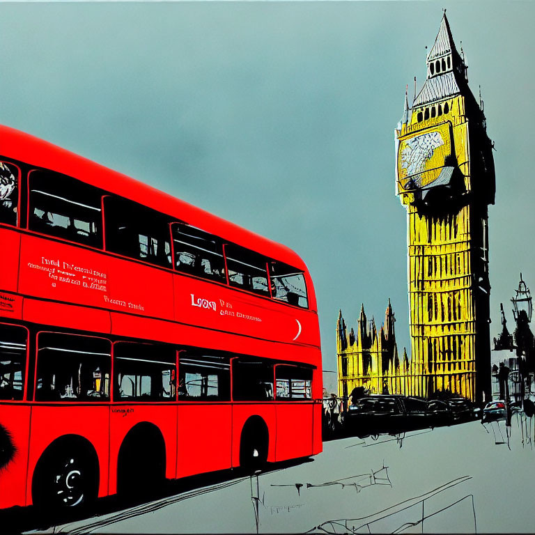 Stylized red double-decker bus with Elizabeth Tower illustration on street under gray sky