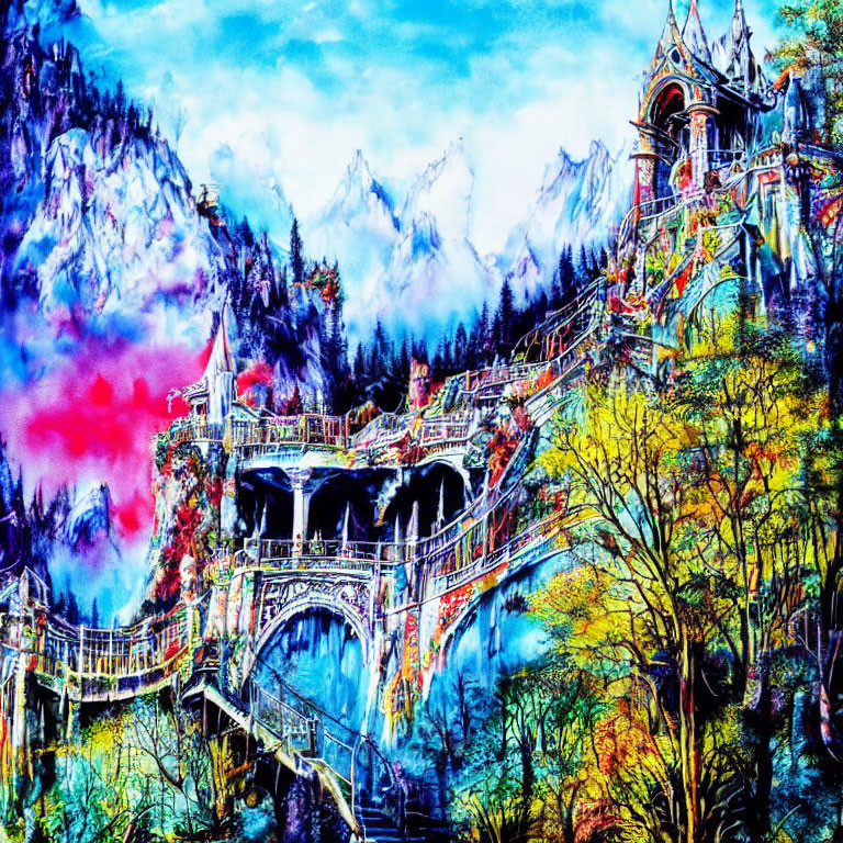Colorful Fantasy Landscape with Castle, Bridges, and Lush Foliage