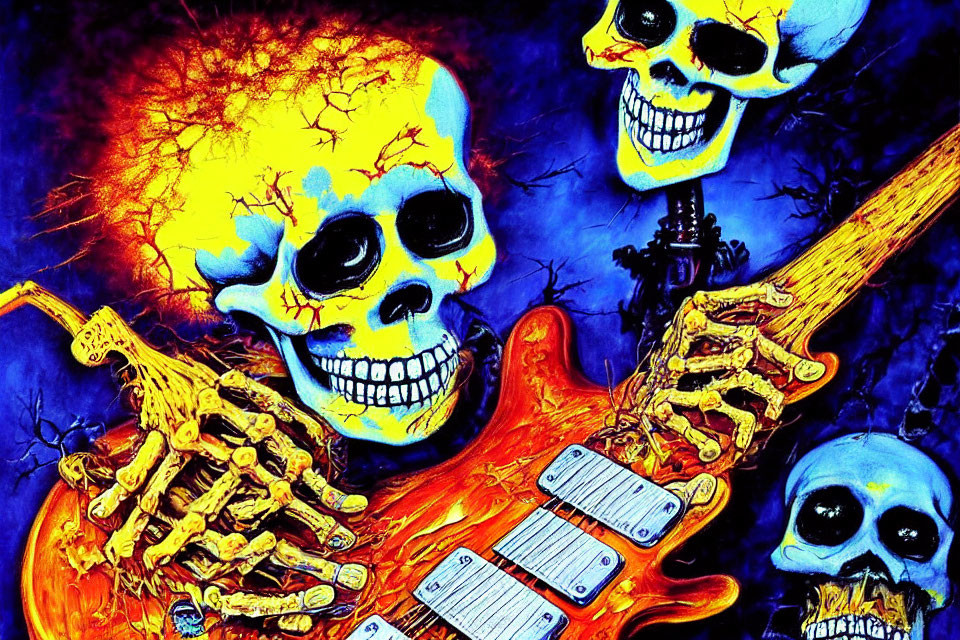 Skeletons Playing Electric Guitars on Vibrant Background
