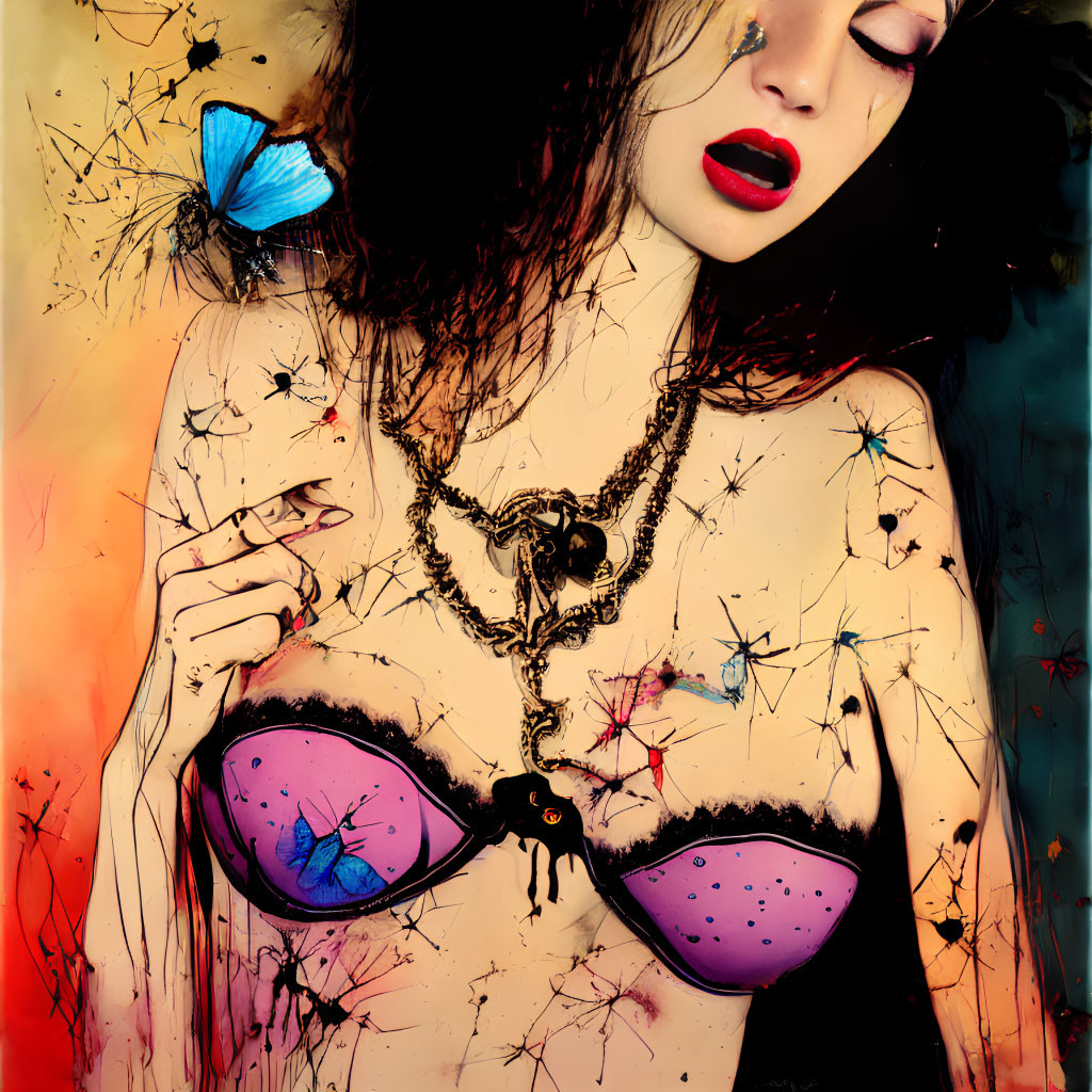 Colorful surreal composition featuring painted woman with butterflies and necklace