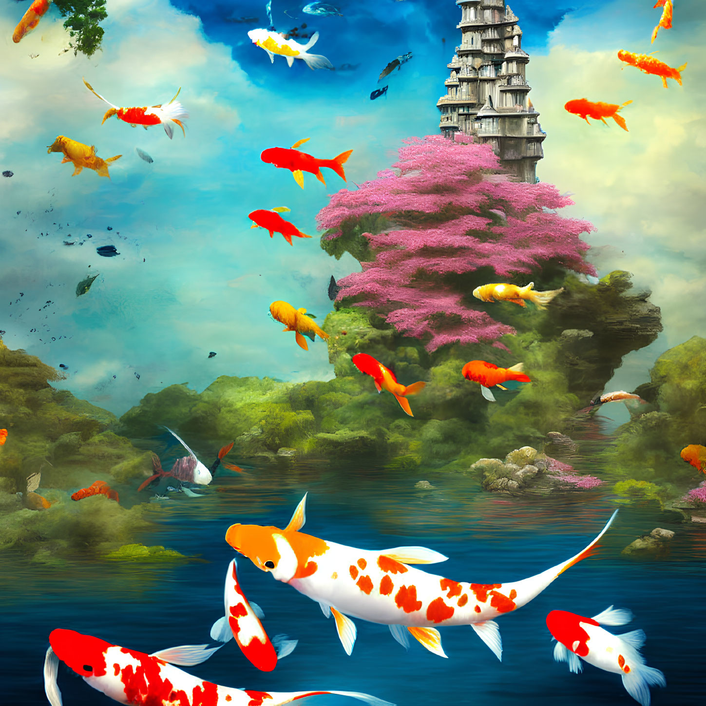 Colorful Koi Fish and Pagoda in Underwater Scene