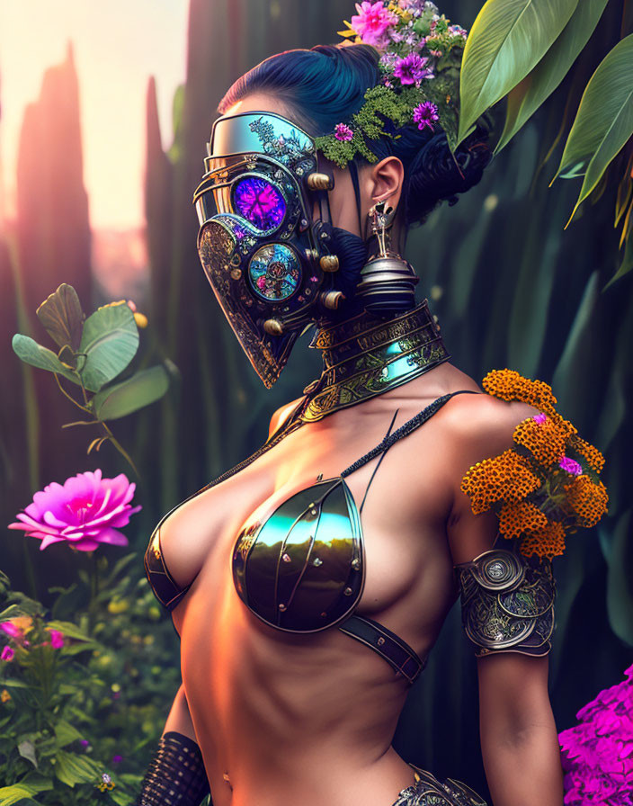 Futuristic woman with floral and mechanical headpiece in lush greenery
