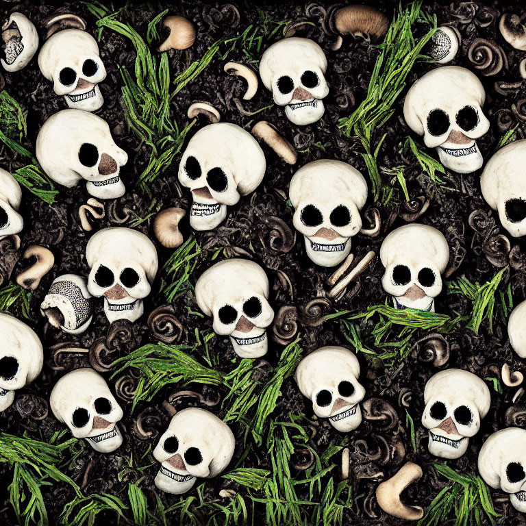 Cartoonish human skulls, worms, and greenery pattern on dark background