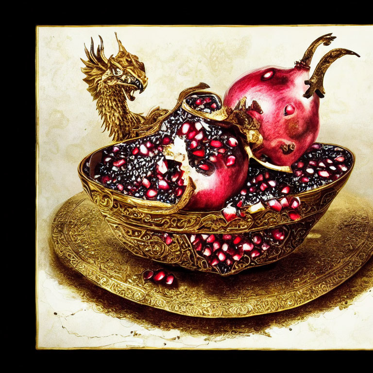 Intricate golden bowl with dragon-headed pomegranates on ornate plate