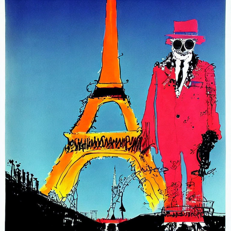 Colorful Stylized Artwork: Skeleton in Red Suit at Eiffel Tower