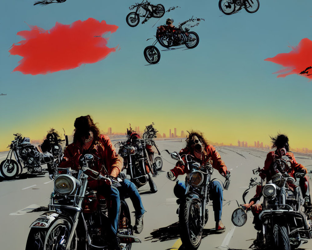 Vibrant illustration of motorcyclists on open road with soaring bikes and city skyline.