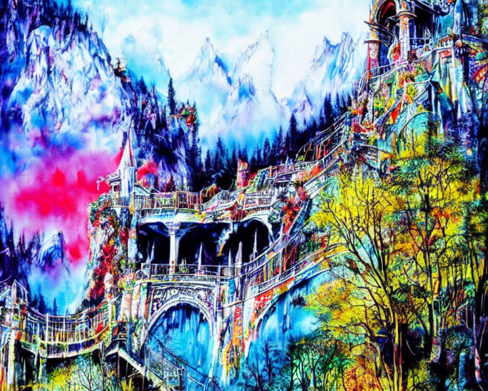 Colorful Fantasy Landscape with Castle, Bridges, and Lush Foliage