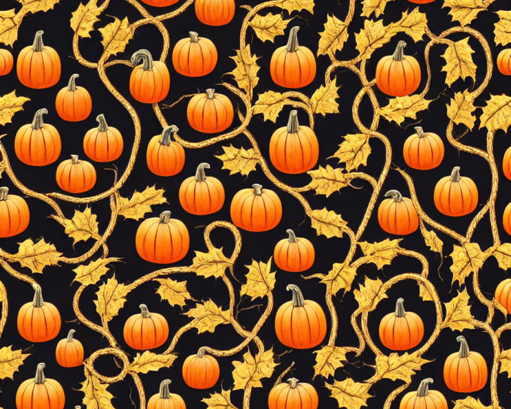 Orange Pumpkins and Maple Leaves Seamless Pattern on Black Background