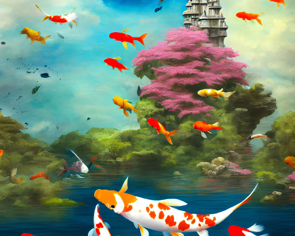 Colorful Koi Fish and Pagoda in Underwater Scene