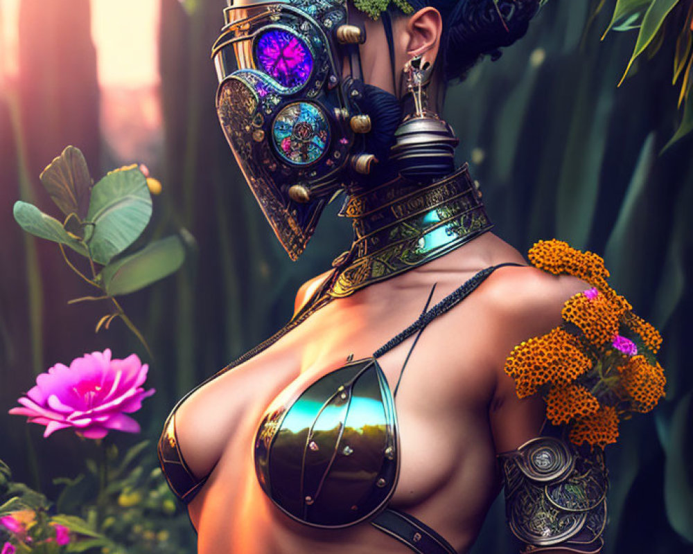 Futuristic woman with floral and mechanical headpiece in lush greenery