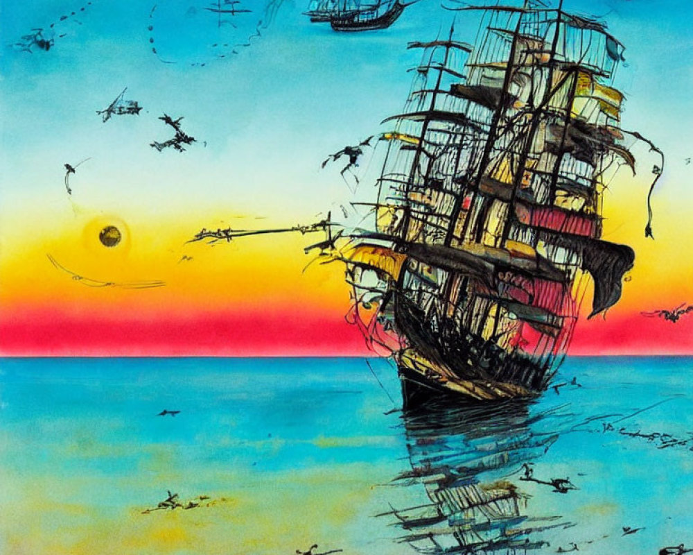 Surreal ship painting with colorful sky, planets, and birds