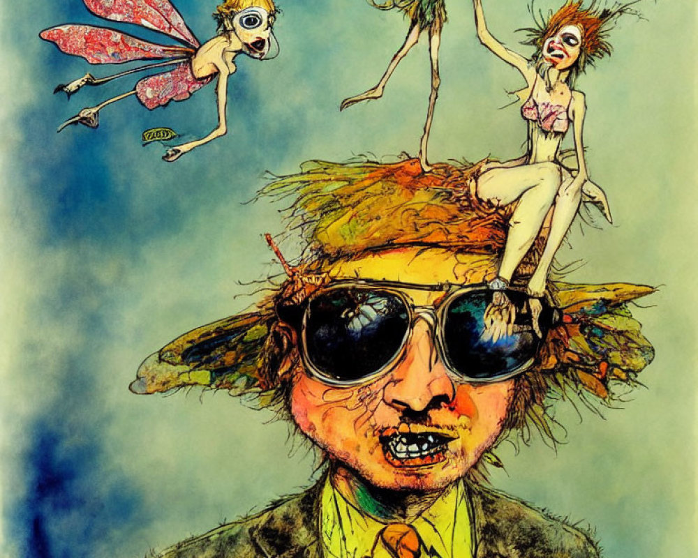 Person with aviator sunglasses and fairy-like creatures on straw hat.