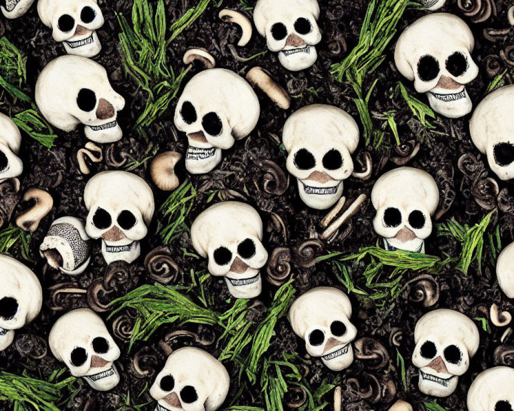 Cartoonish human skulls, worms, and greenery pattern on dark background