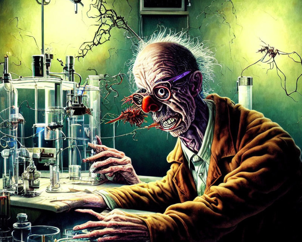 Eccentric scientist with wild hair and goggles in chaotic laboratory scene