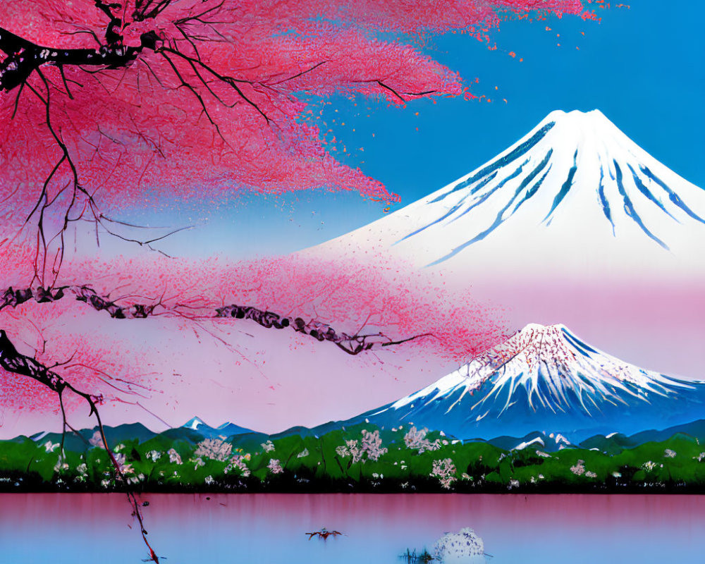 Scenic artwork: Mount Fuji, cherry blossoms, blue lake