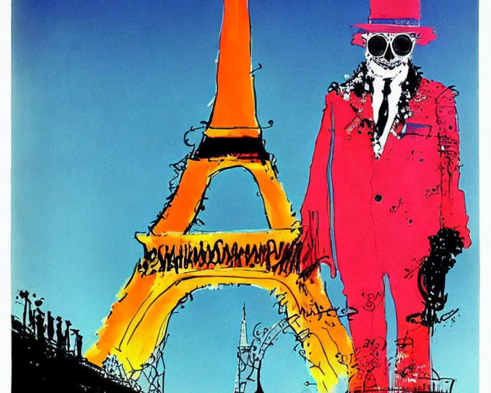 Colorful Stylized Artwork: Skeleton in Red Suit at Eiffel Tower