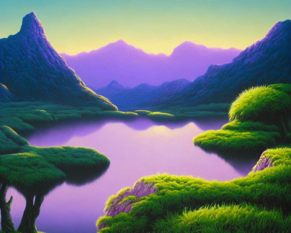 Tranquil landscape with lush greenery, serene lake, and majestic mountains.