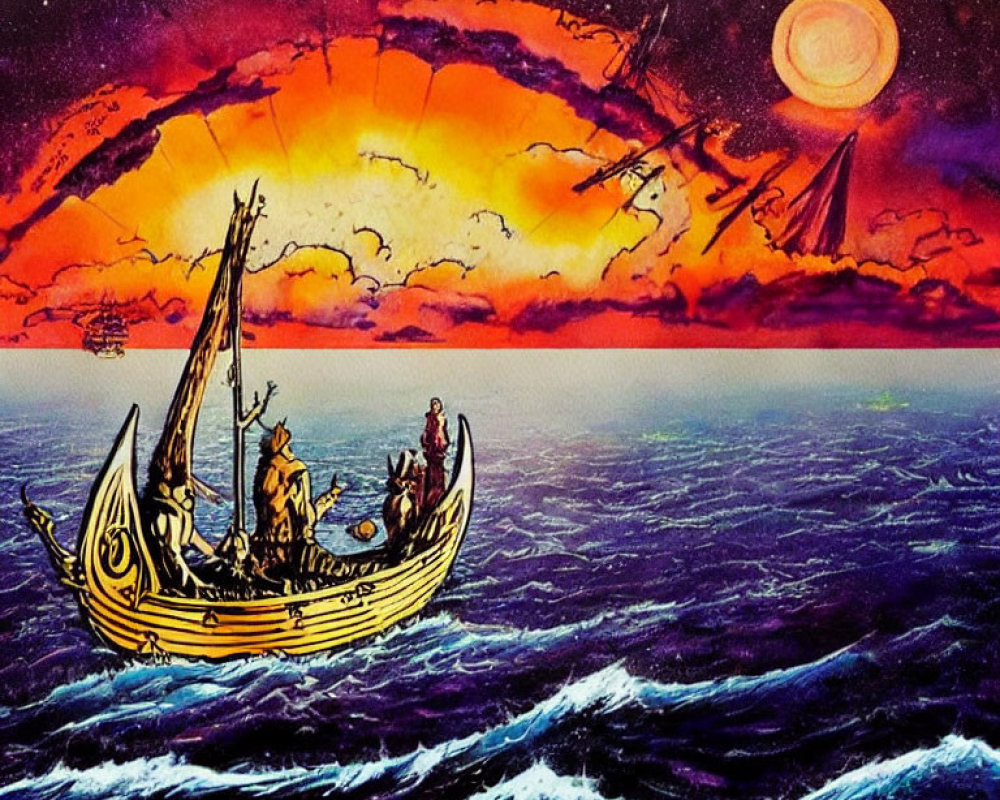 Colorful fantasy artwork: sailors on wooden ship, orange sky, planets, surreal cosmic backdrop